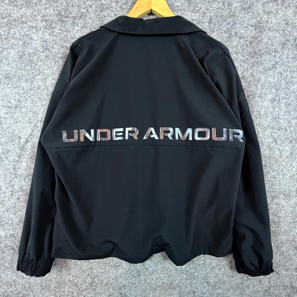 Under Armour Storm Windbreaker Jacket Womens Large‎ Black Logo Loose Fit Stretch
